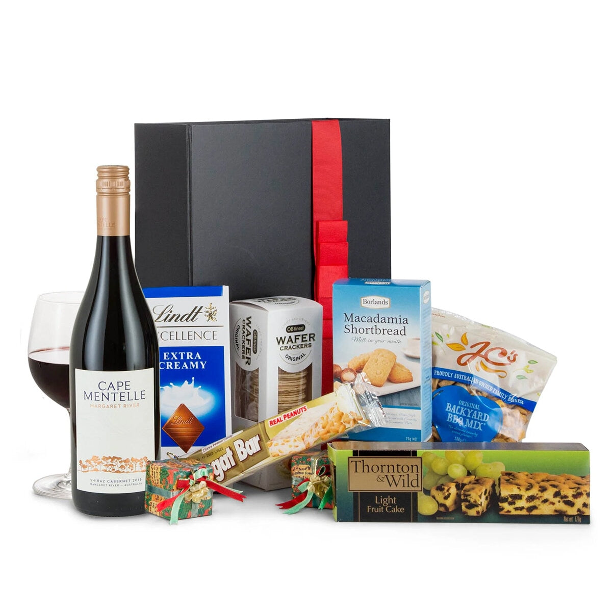 Interhampers Premium Red Gift Box BRO525 - Wine, Snacks, Lindt Chocolate, Fruit Cake