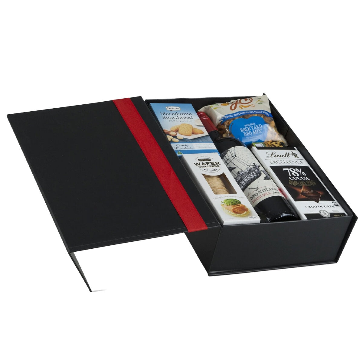 Interhampers Premium Red Gift Box BRO525 - Wine, Snacks, Lindt Chocolate, Fruit Cake