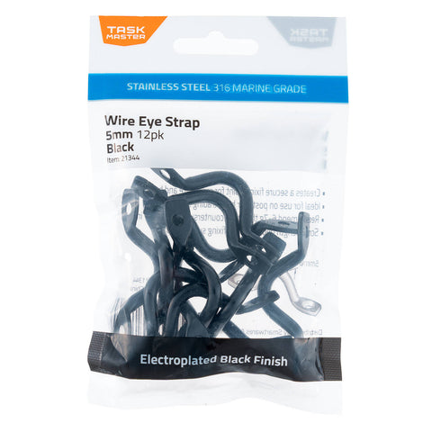 Taskmaster 5mm Black 316 Stainless Steel Wire Eye Strap 12 Pack