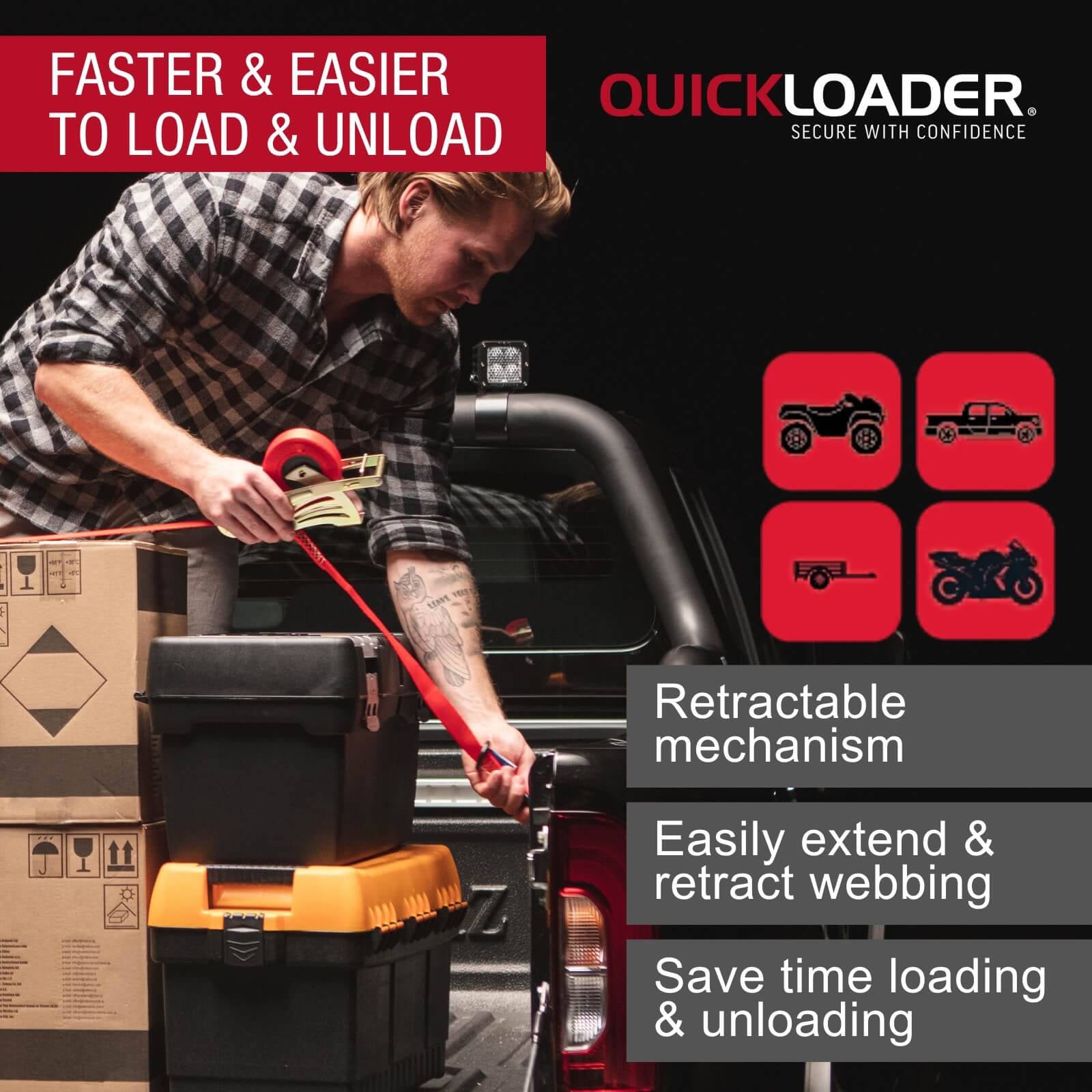 Quickloader Retractable Ratchet Tie Down Strap 4.2m x 25mm 400kg - 2 Pack