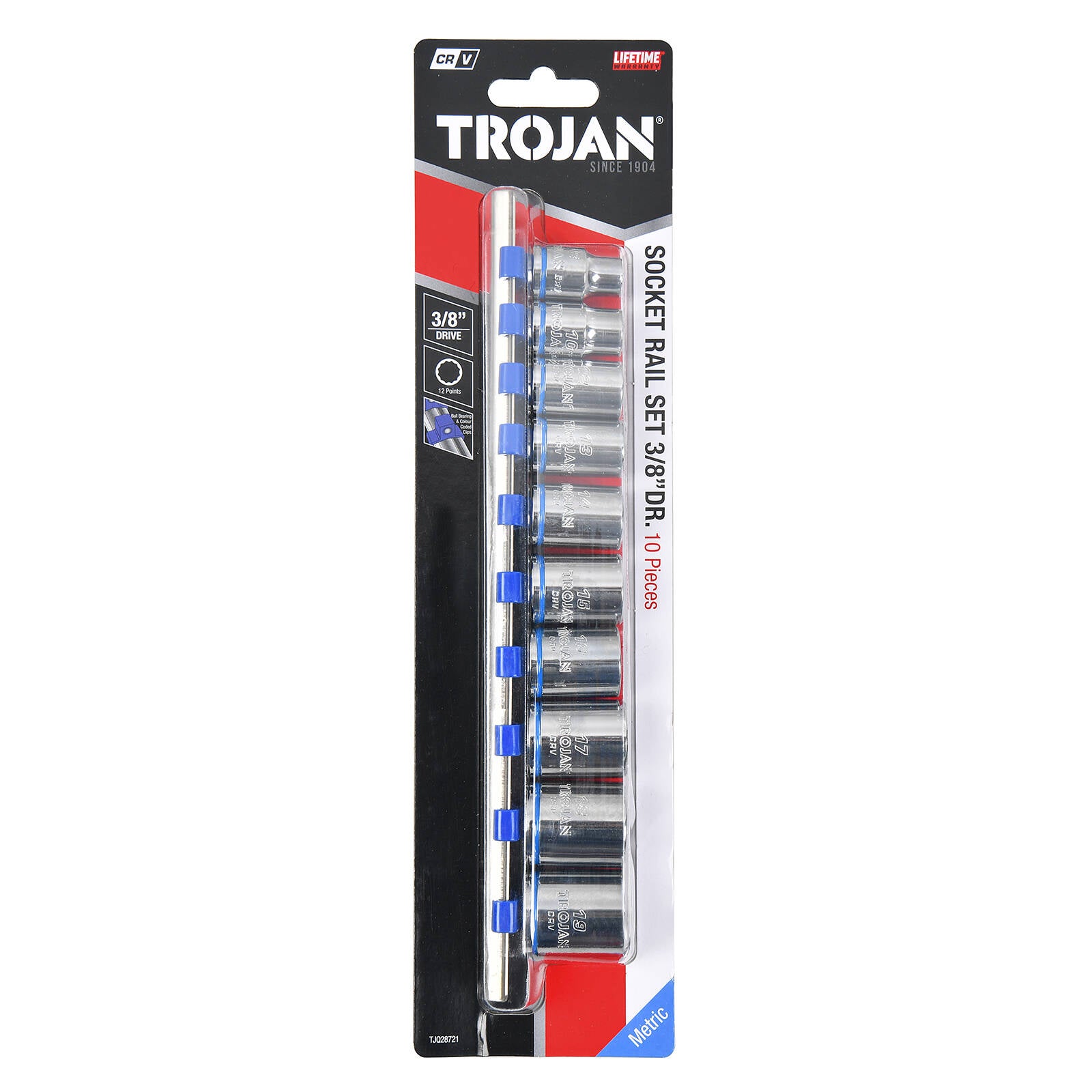 Trojan 10 Piece 3/8" Drive Metric Socket Rail Set 8mm-19mm, Chrome Vanadium