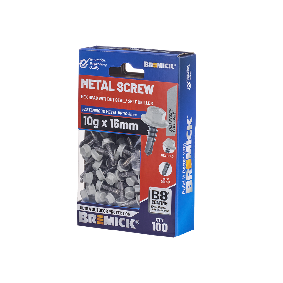 Bremick Metal Hex Screw 10g x 16mm B8 - Shale Grey - Pack of 100 - Self-Drilling - SuperSaverAU - view 1