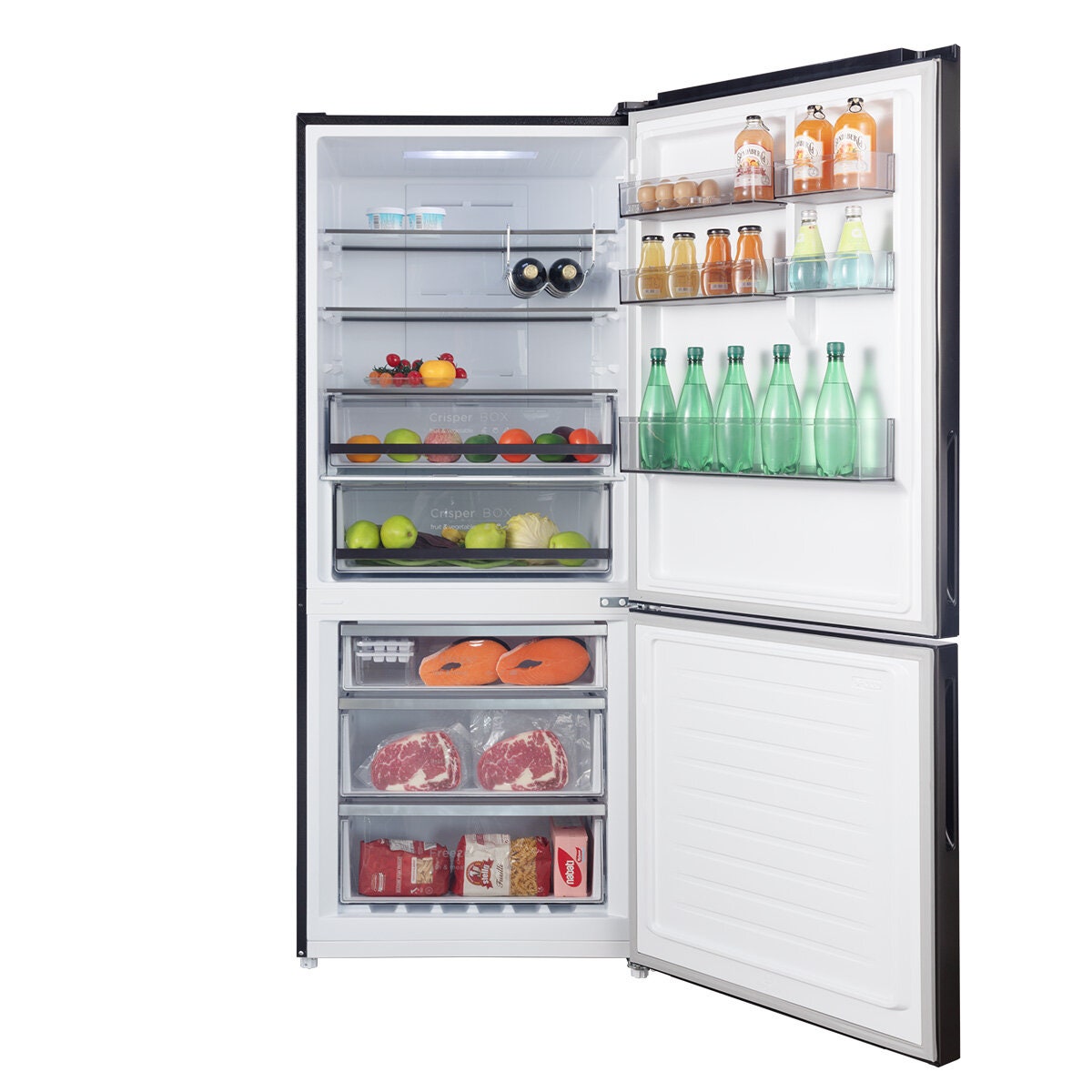 CHiQ 396L bottom mount fridge - black finish, humidity control crispers, 6 star rating - CBM395NBS6E