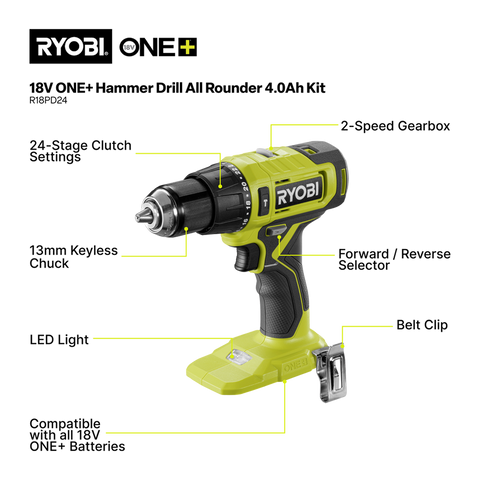 Ryobi 18V ONE+ Hammer Drill All Rounder Kit - 4.0Ah Battery - 13mm Chuck - LED Light - SuperSaverAU - view 2