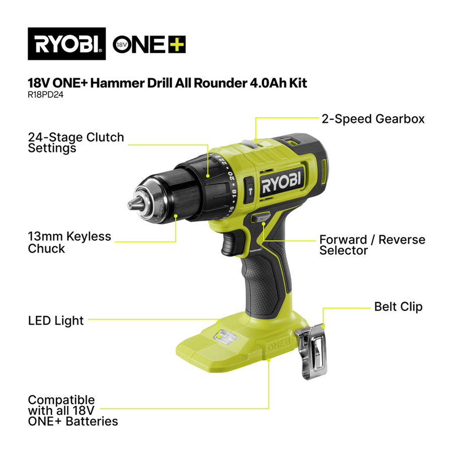 Ryobi 18V ONE+ Cordless Hammer Drill All Rounder Kit with 4Ah Battery & Keyless Chuck R18PD24