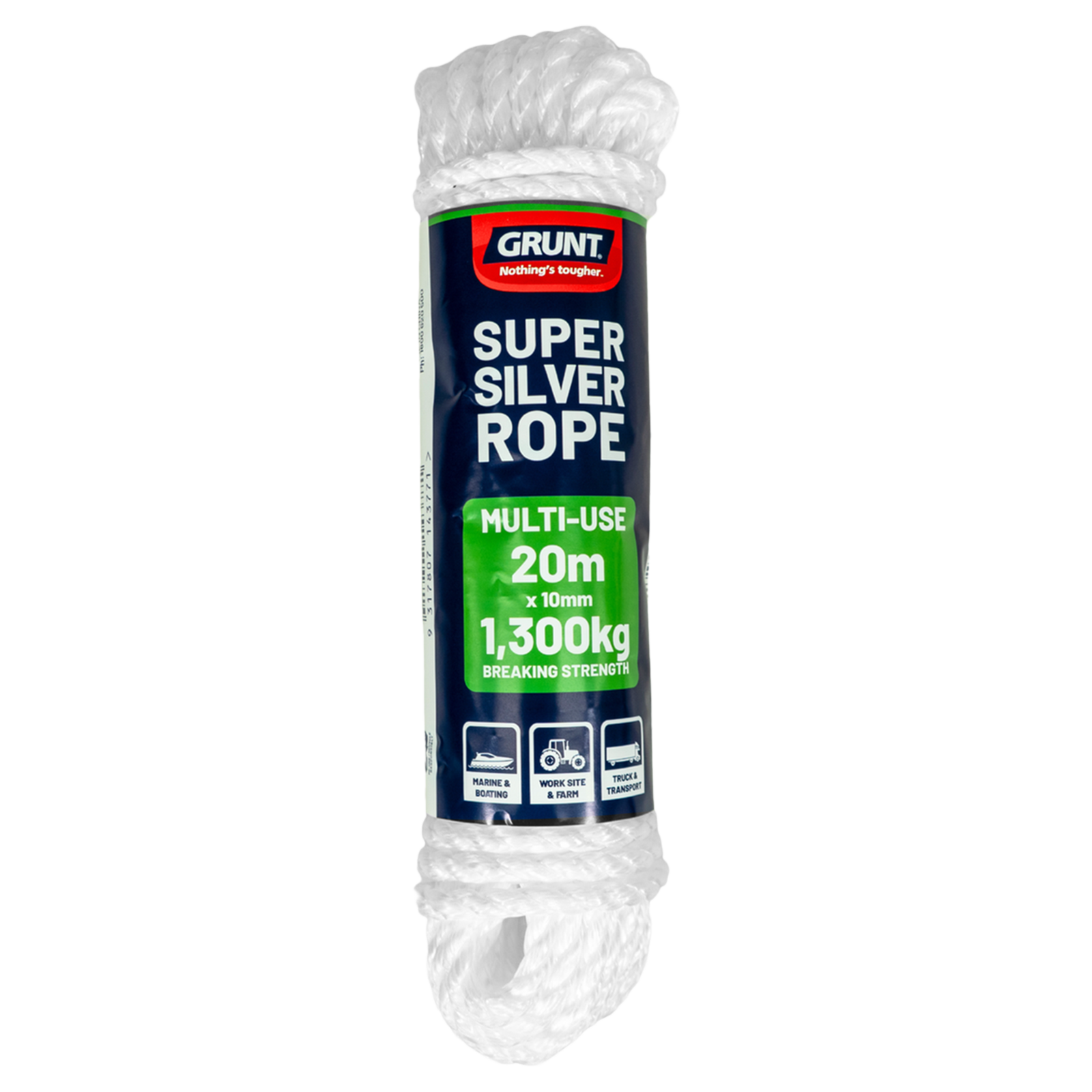 Grunt Super Silver 10mm x 20m Rope, White Twisted Polypropylene, Floats, 1300kg Break Strength