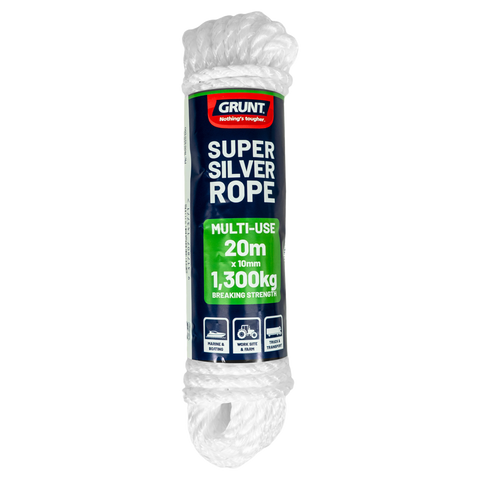 Grunt Super Silver 10mm x 20m Rope, White Twisted Polypropylene, Floats, 1300kg Break Strength
