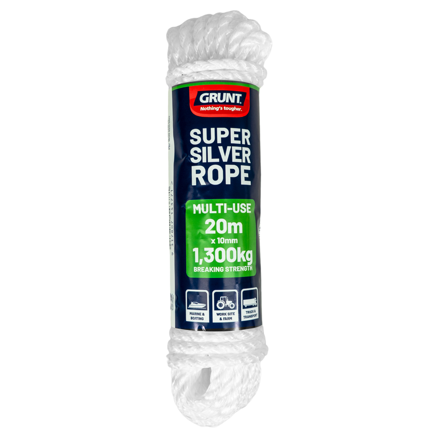 Grunt Super Silver 10mm x 20m Rope, White Twisted Polypropylene, Floats, 1300kg Break Strength