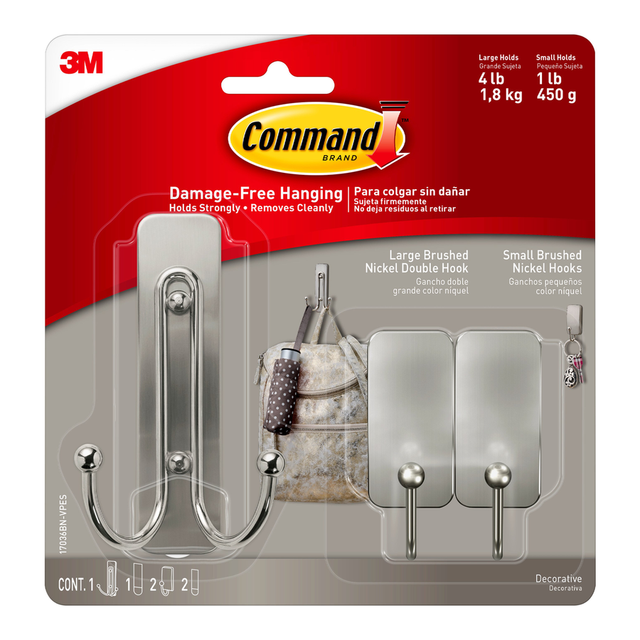 Command Brushed Nickel Hooks 3 Pack - 1 Large & 2 Small - Damage-Free Hanging - 98mm x 171mm - SuperSaverAU - view 1