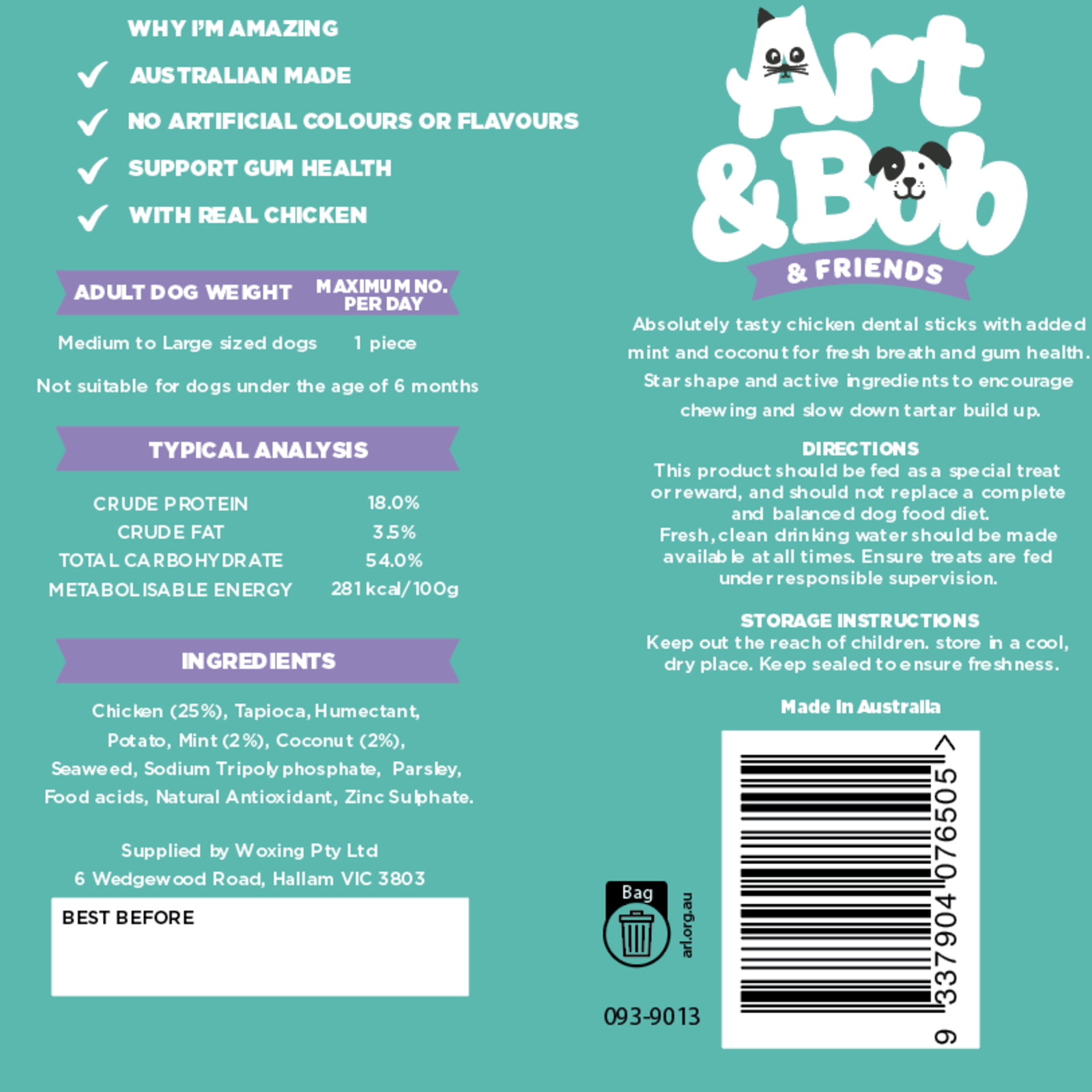 Art & Bob Chicken Mint & Coconut Dental Sticks - 7 Pack