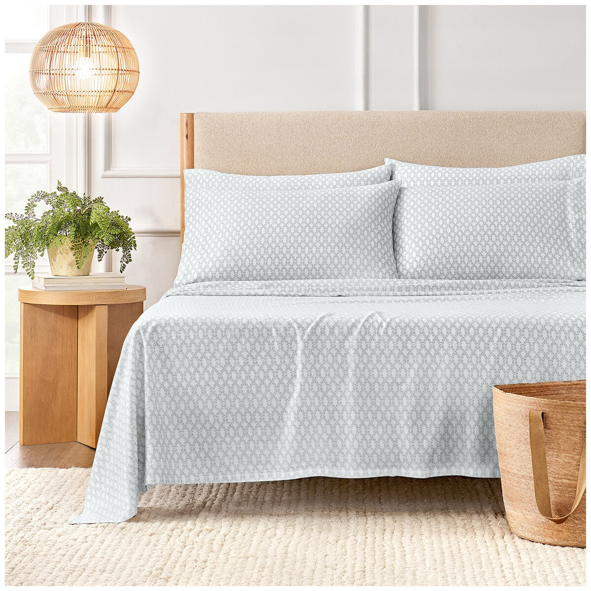 Purely Organic 300TC Queen Cotton Sheet Set - Evelyn Block Vine Blue, 100% Organic Sateen