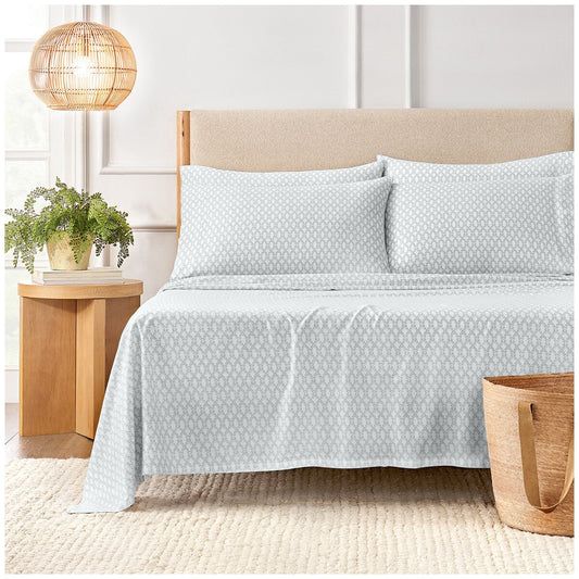 Purely Organic 300TC Queen Cotton Sheet Set - Evelyn Block Vine Blue, 100% Organic Sateen