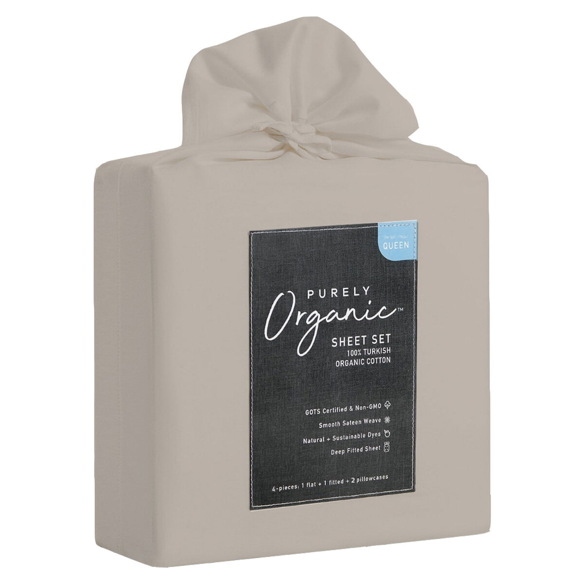 Purely Organic Queen Cotton Sheet Set 300TC Sateen, Bone, Eco-Friendly, GOTS Certified