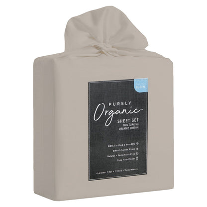 Purely Organic Queen Cotton Sheet Set 300TC Sateen, Bone, Eco-Friendly, GOTS Certified
