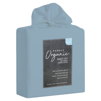 Purely Organic Queen 300TC Cotton Sheet Set, Pale Blue, GOTS Certified, Sateen Weave