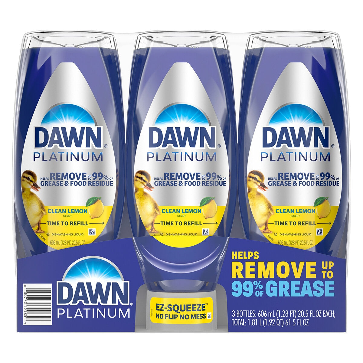 Dawn Platinum EZ Squeeze Dish Soap 3x606ml - 99% Grease Removal, Model 80829989
