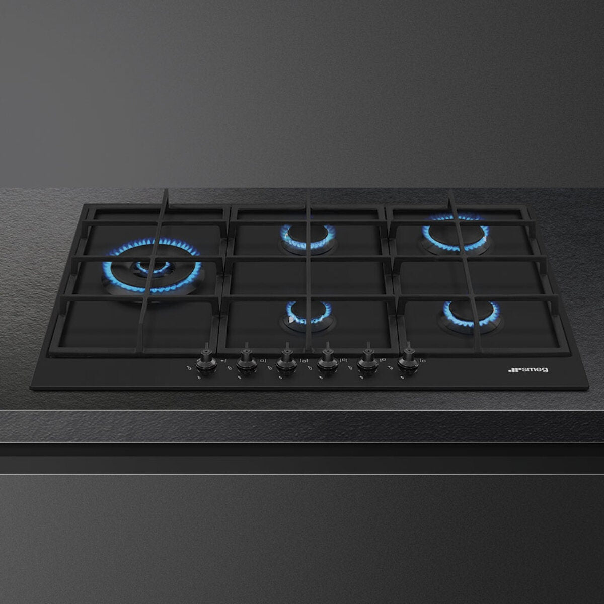 Smeg 72cm 5 Burner Gas Cooktop - Matte Black Finish - Wok Burner - Flame Failure Device - PX375LMBAU