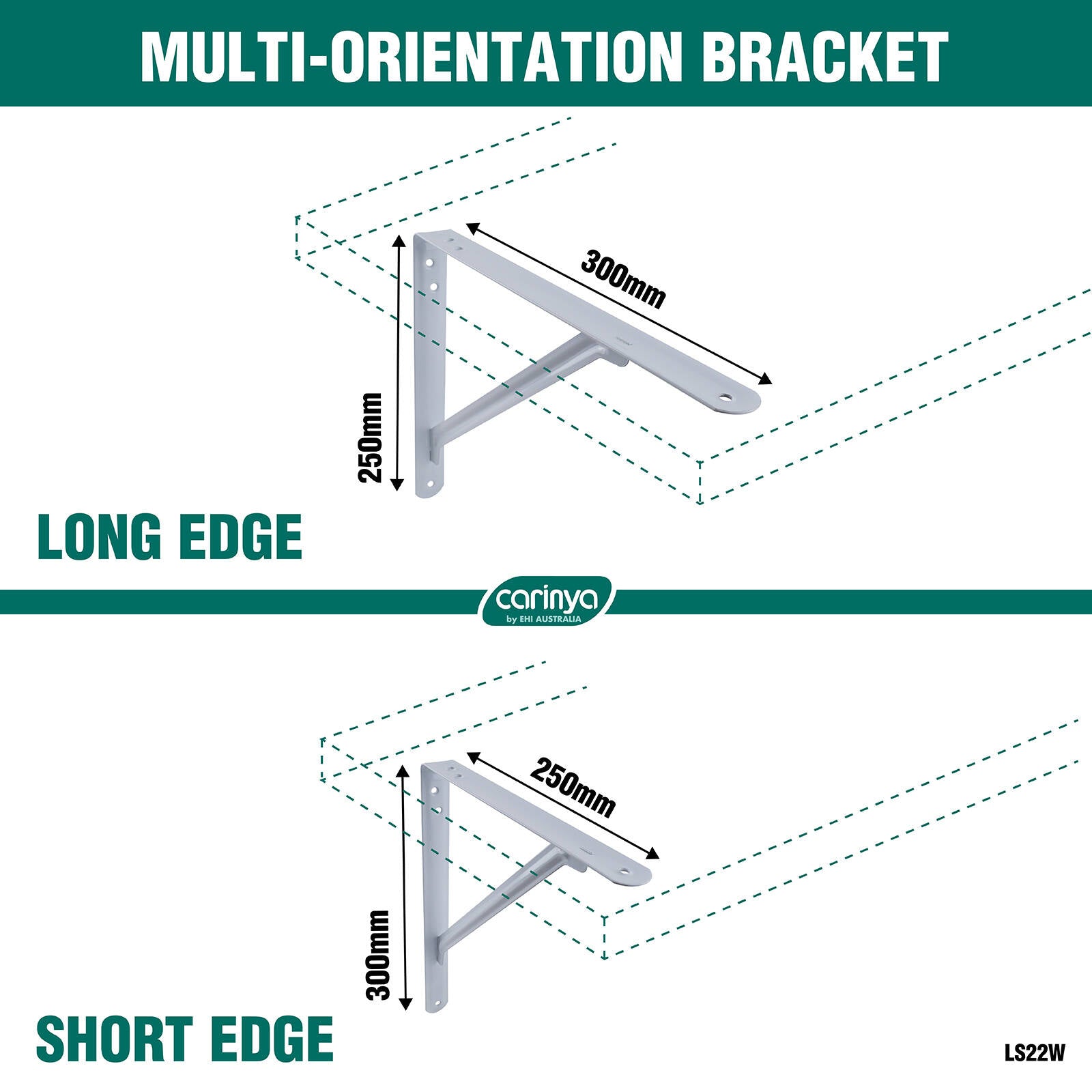 Carinya 300 x 250mm White Light Stayed Bracket, Powder Coated Steel, Multi-Orientation Wall Mount