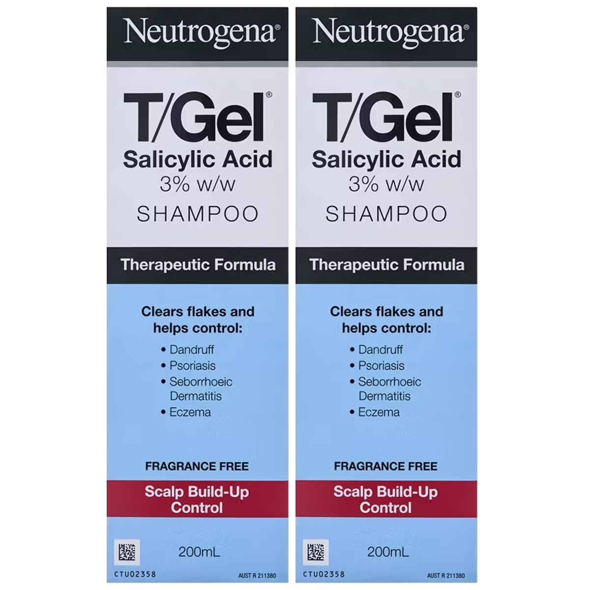 Neutrogena T-Gel Salicylic Acid Shampoo 2x200ml - Dandruff, Psoriasis, Eczema Relief