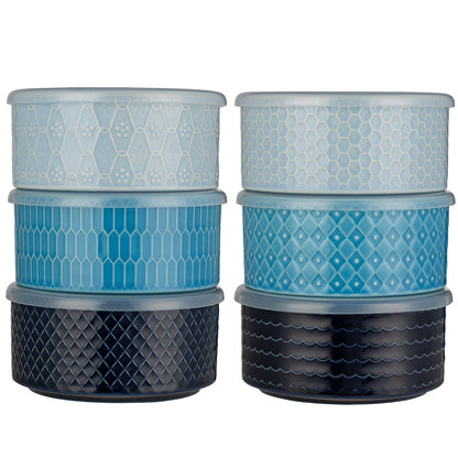 Signature Housewares 6-Piece Microwavable Stoneware Bowl Set with Lids, Blue