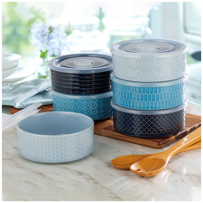 Signature Housewares 6-Piece Microwavable Stoneware Bowl Set with Lids, Blue