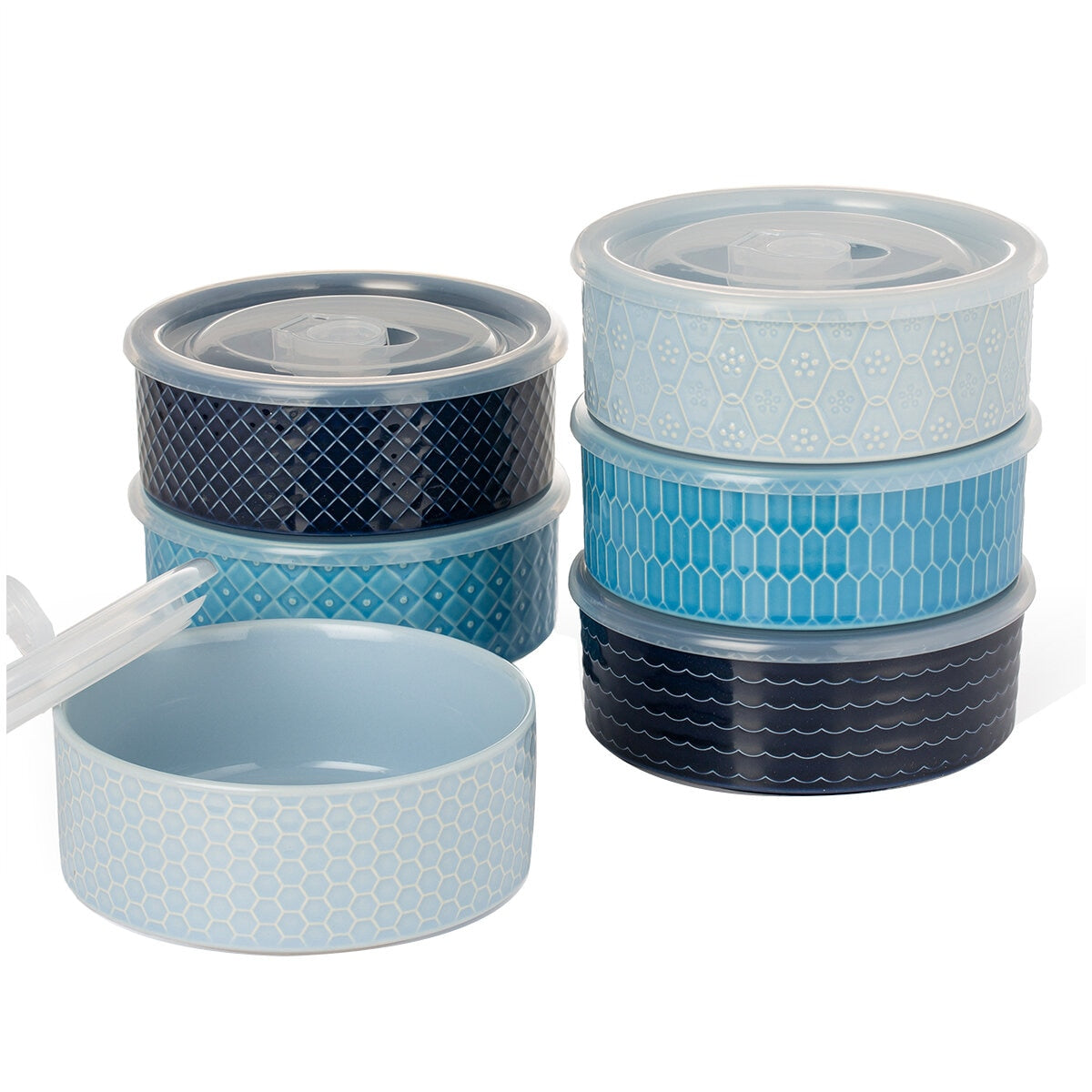 Signature Housewares 6-Piece Microwavable Stoneware Bowl Set with Lids, Blue