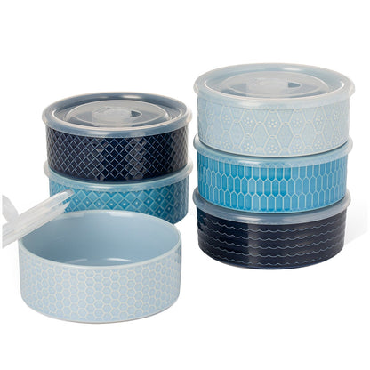 Signature Housewares 6-Piece Microwavable Stoneware Bowl Set with Lids, Blue