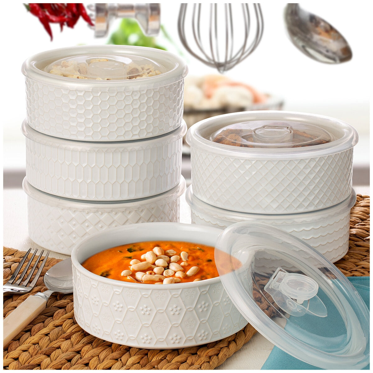 Signature Housewares 6-Piece Microwavable Stoneware Bowl Set with Lids, White - SuperSaverAU - view 1