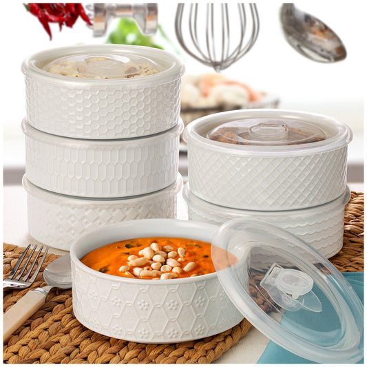 Signature Housewares 6-Piece Microwavable Stoneware Bowl Set with Lids, White
