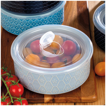Signature Housewares 6-Piece Microwavable Stoneware Bowl Set with Lids, Blue