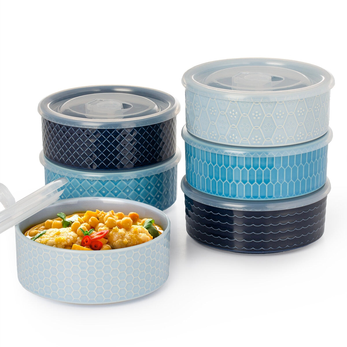 Signature Housewares 6-Piece Microwavable Stoneware Bowl Set with Lids, Blue