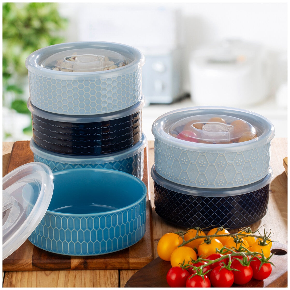 Signature Housewares 6-Piece Microwavable Stoneware Bowl Set with Lids, Blue