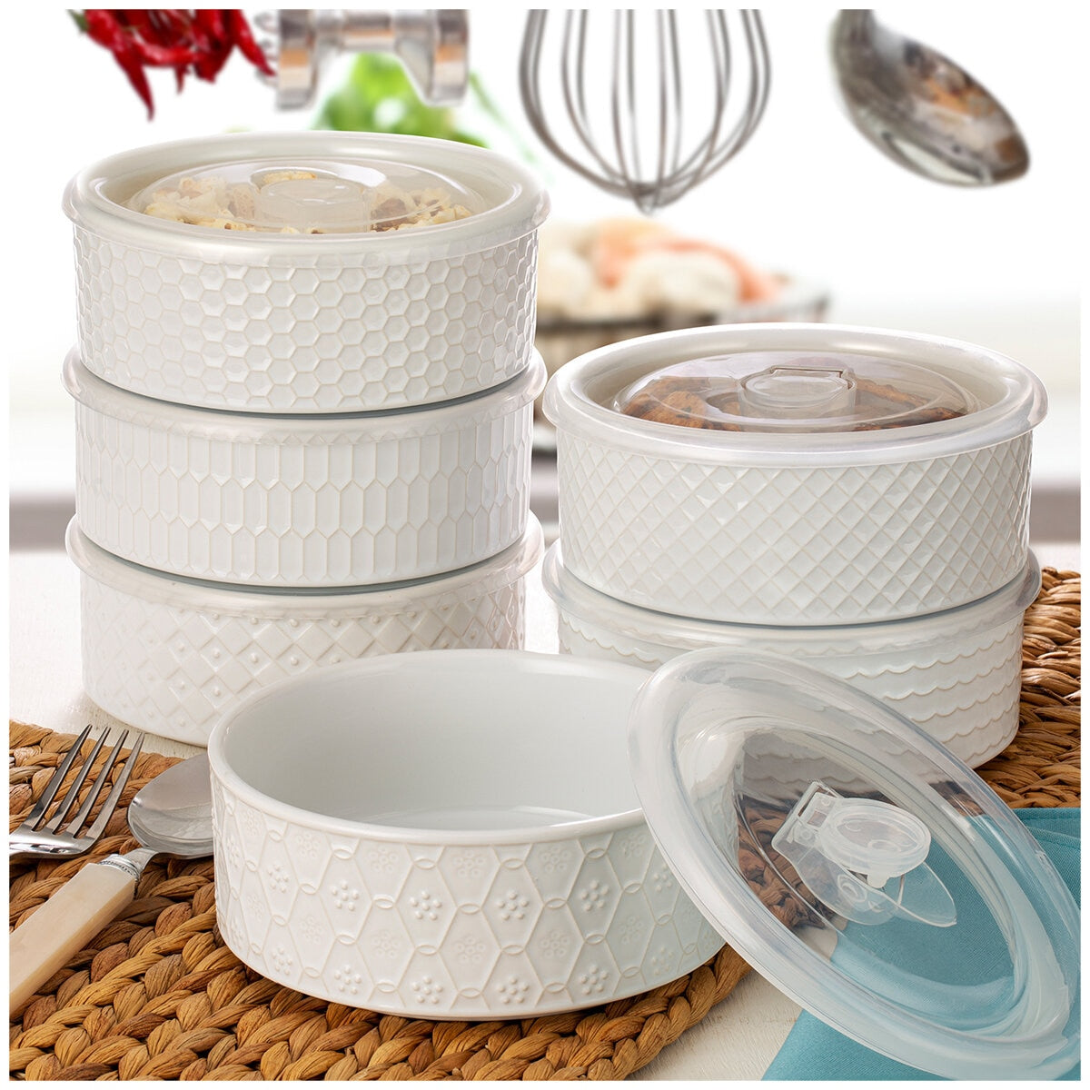 Signature Housewares 6-Piece Microwavable Stoneware Bowl Set with Lids, White