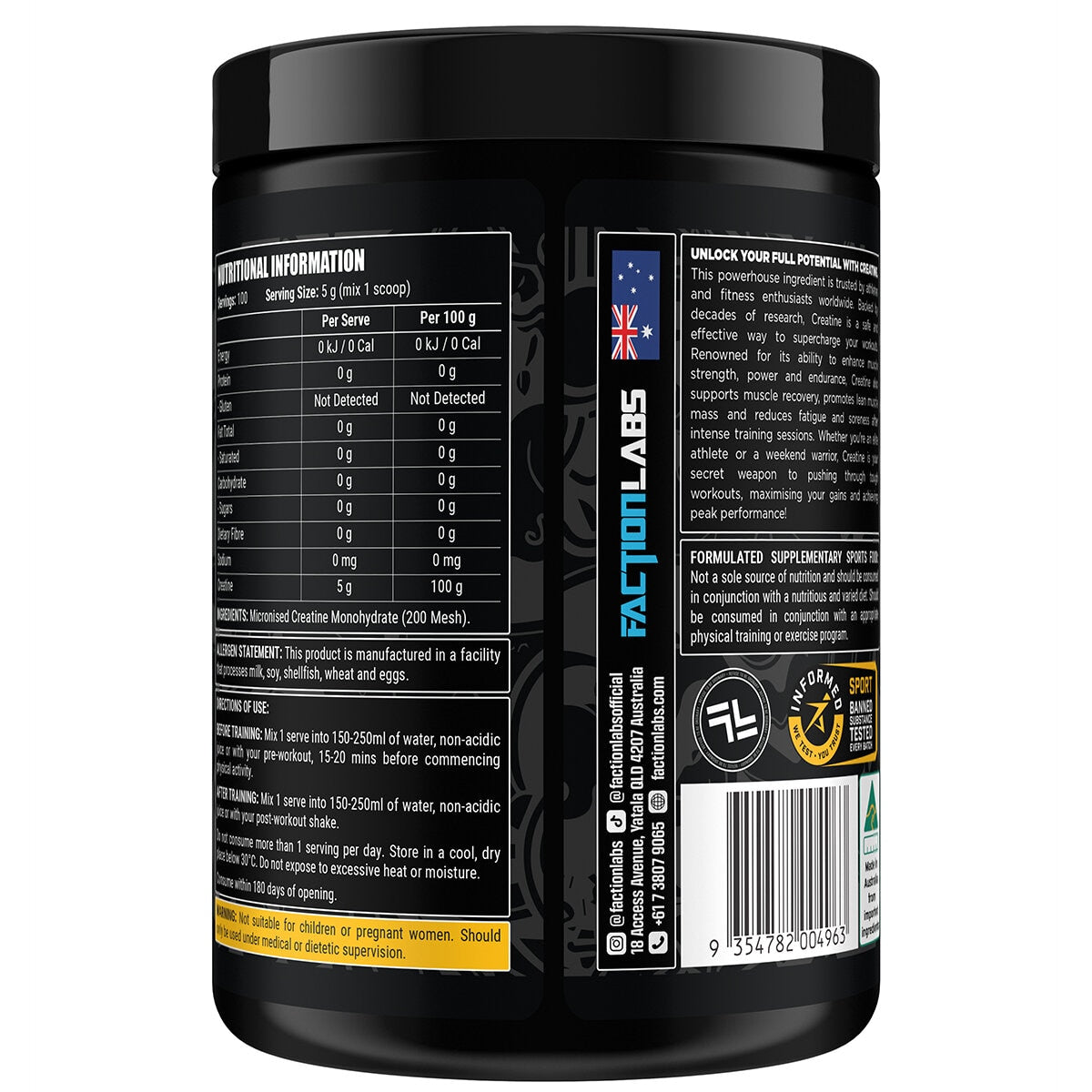 Faction Labs 100% Pure Creatine Monohydrate 500g FL8005, Australian Made