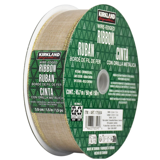 Kirkland Signature Wire Edged Ribbon Burlap Natural 47mm x 160mm Continuous Roll