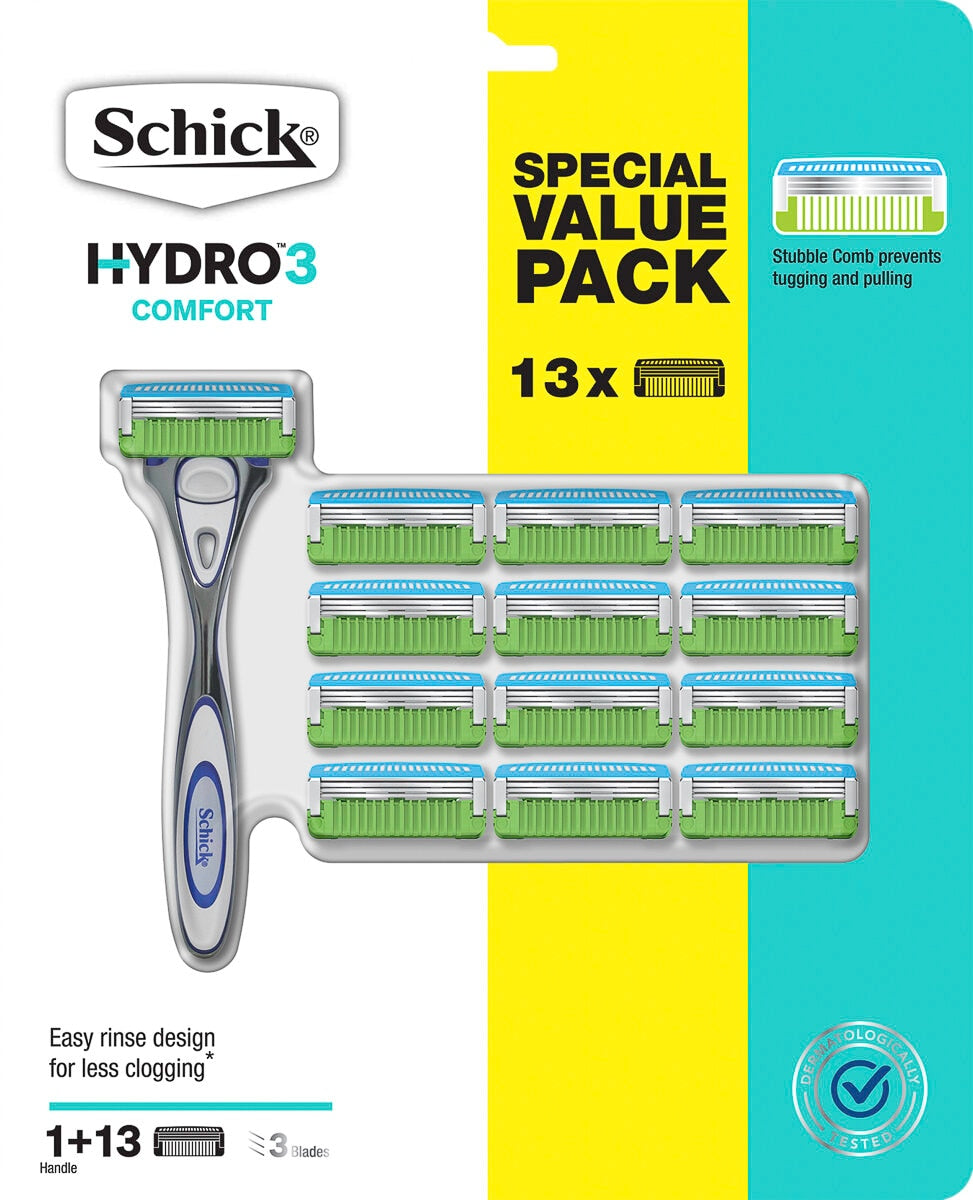 Schick Hydro3 Comfort Razor W304416700, 13 Refill Blades, Hydrating Tech, Skin Guards