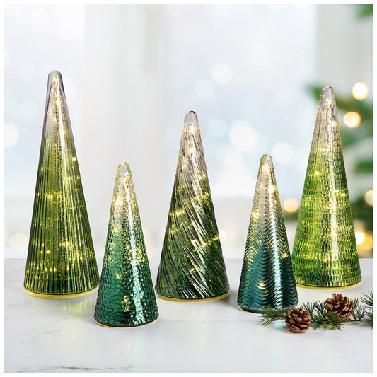 LED Glass Trees Green Set of 5 with Timer, Indoor Decor, Includes Batteries