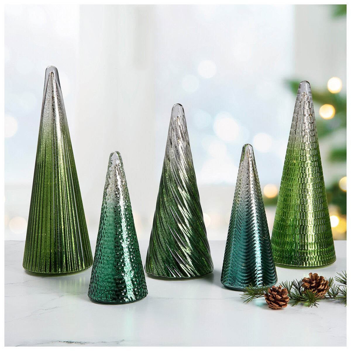 LED Glass Trees Green Set of 5 with Timer, Indoor Decor, Includes Batteries