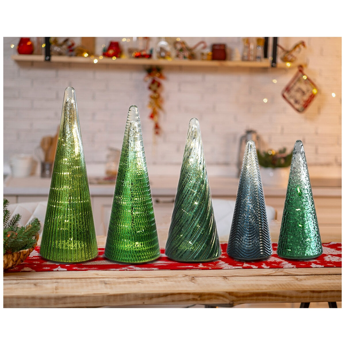 LED Glass Trees Green Set of 5 with Timer, Indoor Decor, Includes Batteries