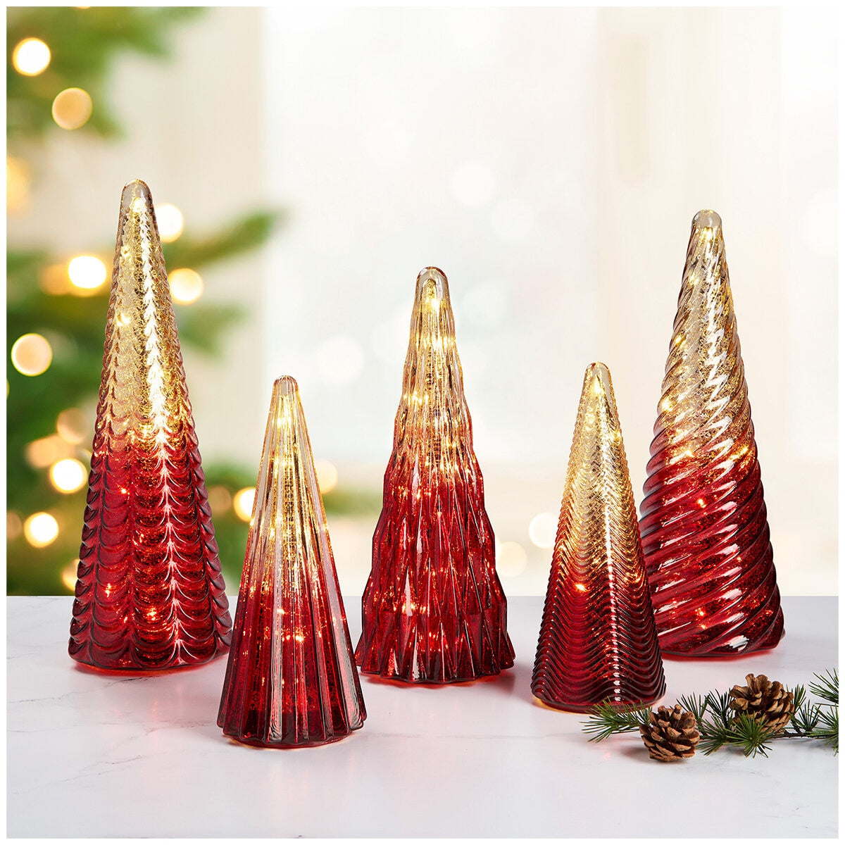 LED Glass Trees Red - Set of 5, Festive Decor, Timer Function, Includes Batteries