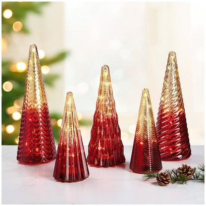 LED Glass Trees Red - Set of 5, Festive Decor, Timer Function, Includes Batteries