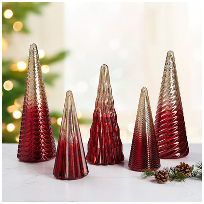 LED Glass Trees Red - Set of 5, Festive Decor, Timer Function, Includes Batteries