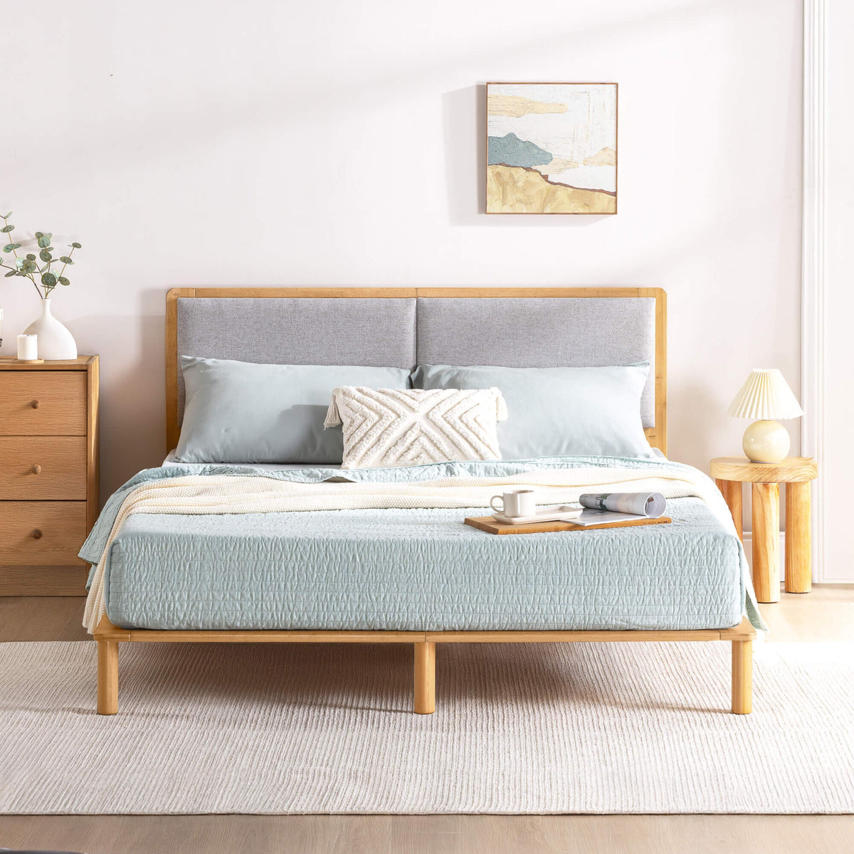 Zinus Double Bamboo Bed Frame - Natural Bamboo, Upholstered Headboard, Slatted Support - AU-FPWNH8ZC-08D