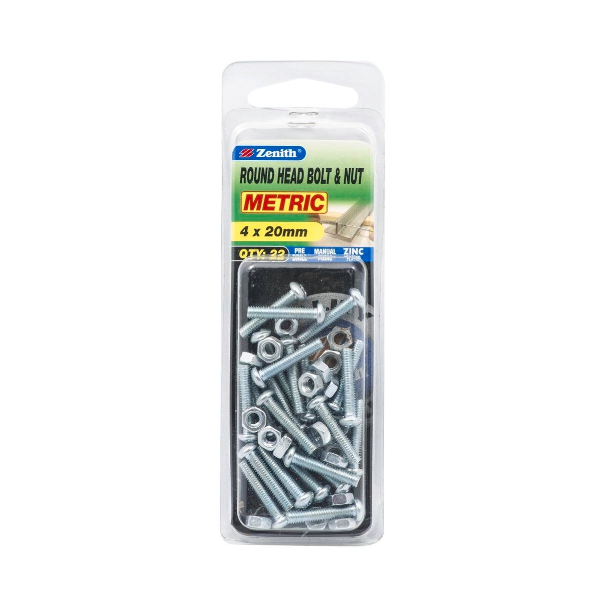 Zenith Bolt and Nut - M4 x 20mm - Zinc Plated - Round Head - 22 Pack - SuperSaverAU - view 1
