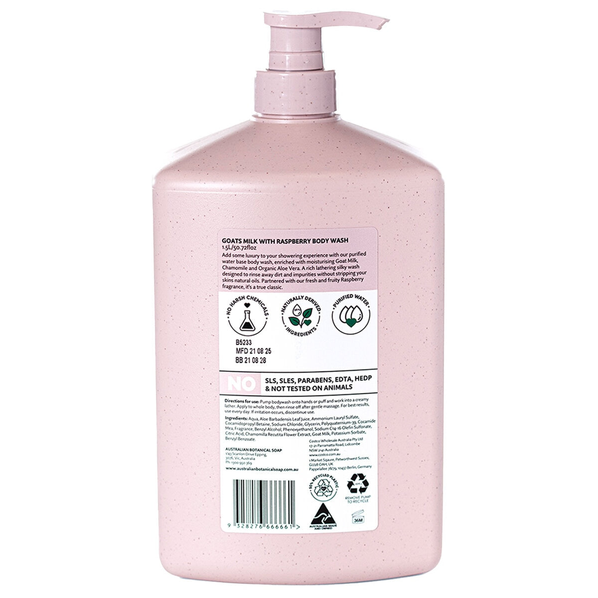 Australian Botanical Body Wash 1.5L - Goats Milk & Raspberry, Luxurious Cleanse, Australian Made