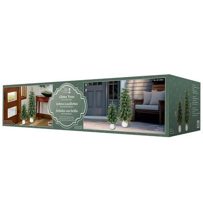 Glitter Potted Trees with Twinkle Lights, Set of 2, Model 662275-243, 61/91cm, LED Timer