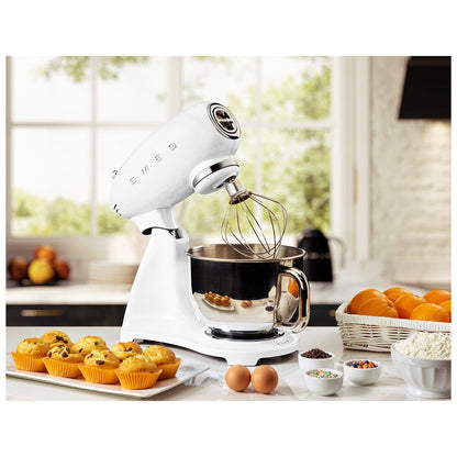 Smeg 50's Style Stand Mixer White SMF03WHAU, 800W, 10 Speeds, 4.8L Bowl, Quiet Operation