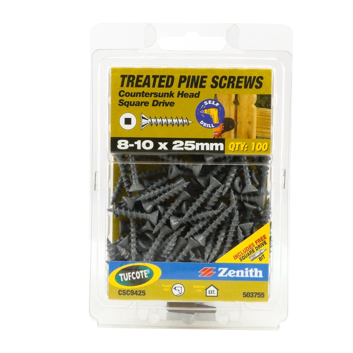 Zenith Treated Pine Screws - 10 x 25mm - Carbon Steel - Tufcote