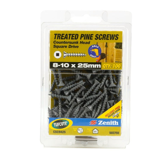 Zenith Treated Pine Screws - 10 x 25mm - Carbon Steel - Tufcote