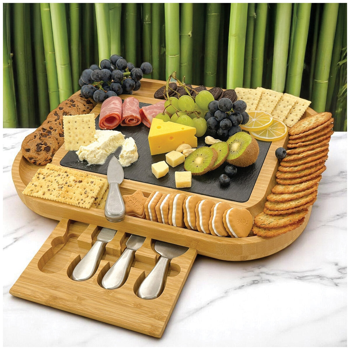 Carrara Bamboo Cheese Board 330x430mm with 4 Stainless Steel Knives & Slate Top - SuperSaverAU - view 1